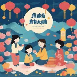 A 3:4 ratio book cover illustration in high quality, showcasing the traditional customs of the Mid-Autumn Festival in Hong Kong