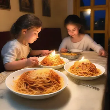 With candlelight and soft music playing in the background, they enjoyed a cozy dinner of spaghetti sprinkled with freshly grated cheese.