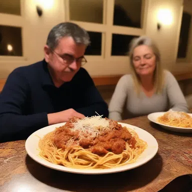 With candlelight and soft music playing in the background, they enjoyed a cozy dinner of spaghetti sprinkled with freshly grated cheese.