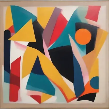 The artist's abstract painting features uncorrelated shapes and colors that don't relate or interact with one another.