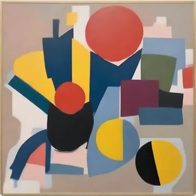 The artist's abstract painting features uncorrelated shapes and colors that don't relate or interact with one another.