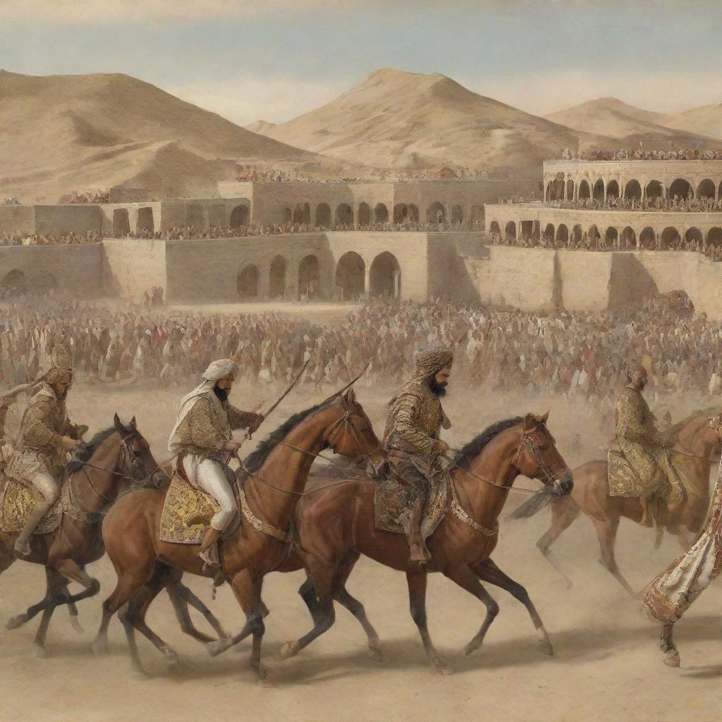 Create a richly detailed historical image capturing key moments, events, and figures from the ancient Persian timeline.