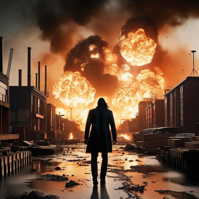 Film noir manga styled image of Keanu Reeves walking towards the camera away from a massive explosion at the docks, determined to avoid another 'John Wick' scenario.