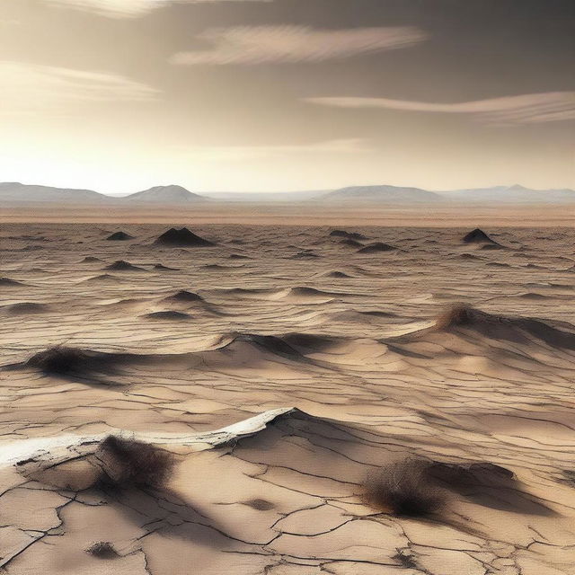 The image is a high-quality digital art rendering of a barren, desolate landscape