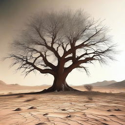 This digital art image depicts a barren, desert wasteland with rough, cracked earth and sparse vegetation