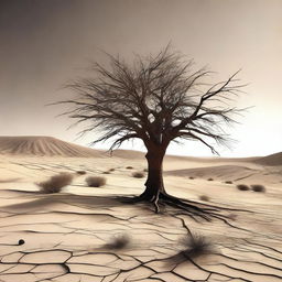 This digital art image depicts a barren, desert wasteland with rough, cracked earth and sparse vegetation