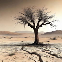 This digital art image depicts a barren, desert wasteland with rough, cracked earth and sparse vegetation