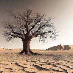 This digital art image depicts a barren, desert wasteland with rough, cracked earth and sparse vegetation