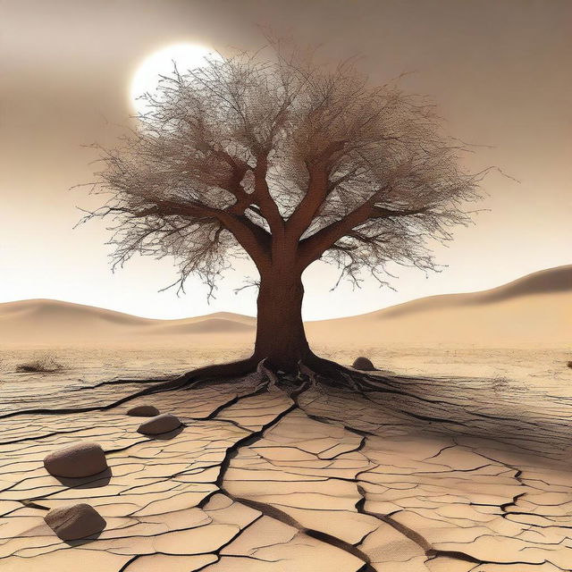 This digital art image vividly portrays a barren desert wasteland, characterized by rough, cracked earth and sparse vegetation