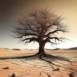 This digital art image vividly portrays a barren desert wasteland, characterized by rough, cracked earth and sparse vegetation