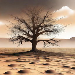 This digital art image vividly portrays a barren desert wasteland, characterized by rough, cracked earth and sparse vegetation