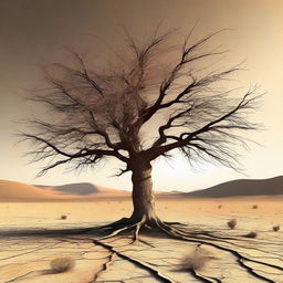 This digital art image vividly portrays a barren desert wasteland, characterized by rough, cracked earth and sparse vegetation