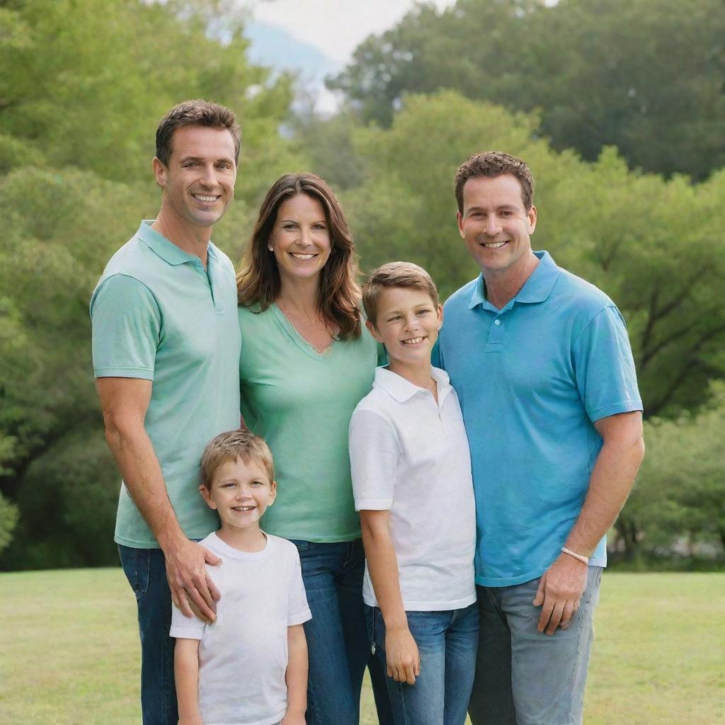 A happy family portrait of a man, his wife, and their two boys. They are all smiling, dressed in casual attire, standing in a park with a bright blue sky and lush green trees in the background.