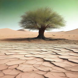 This is a high-quality digital art image depicting a barren desert wasteland with rough, cracked earth and sparse vegetation