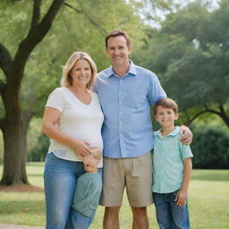 A happy family portrait of a man, his wife, and their two boys. They are all smiling, dressed in casual attire, standing in a park with a bright blue sky and lush green trees in the background.