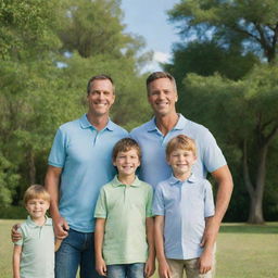 A happy family portrait of a man, his wife, and their two boys. They are all smiling, dressed in casual attire, standing in a park with a bright blue sky and lush green trees in the background.