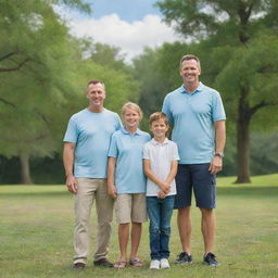 A happy family portrait of a man, his wife, and their two boys. They are all smiling, dressed in casual attire, standing in a park with a bright blue sky and lush green trees in the background.