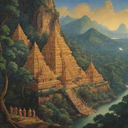 A picturesque image of Lanka as depicted in Ramayan, a golden city surrounded by lush landscapes and mystical energy.