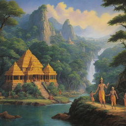 A picturesque image of Lanka as depicted in Ramayan, a golden city surrounded by lush landscapes and mystical energy.