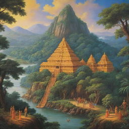 A picturesque image of Lanka as depicted in Ramayan, a golden city surrounded by lush landscapes and mystical energy.