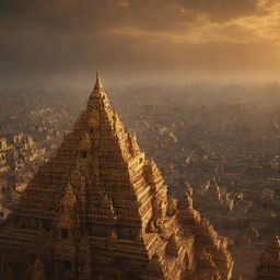 An image of Lanka as depicted in the movie version of Ramayana, featuring a majestic and golden cityscape with cinematic lighting and atmosphere.