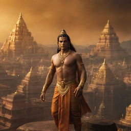 An image of Lanka as depicted in the movie version of Ramayana, featuring a majestic and golden cityscape with cinematic lighting and atmosphere.