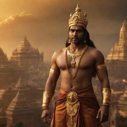 An image of Lanka as depicted in the movie version of Ramayana, featuring a majestic and golden cityscape with cinematic lighting and atmosphere.