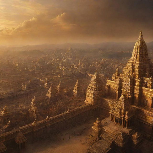 An image of Lanka as depicted in the movie version of Ramayana, featuring a majestic and golden cityscape with cinematic lighting and atmosphere.