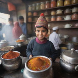 A Muslim child wearing a traditional Islamic cap, standing in a bustling tea stall with colourful, aromatic spices and steaming teapots around.