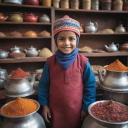 A Muslim child wearing a traditional Islamic cap, standing in a bustling tea stall with colourful, aromatic spices and steaming teapots around.