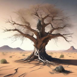 This digital art image perfectly captures a desolate desert landscape with sparse vegetation and cracked earth