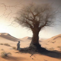 This digital art image perfectly captures a desolate desert landscape with sparse vegetation and cracked earth