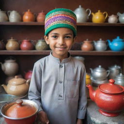 A Muslim child wearing a traditional Islamic cap, standing in a bustling tea stall with colourful, aromatic spices and steaming teapots around.