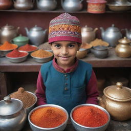 A Muslim child wearing a traditional Islamic cap, standing in a bustling tea stall with colourful, aromatic spices and steaming teapots around.