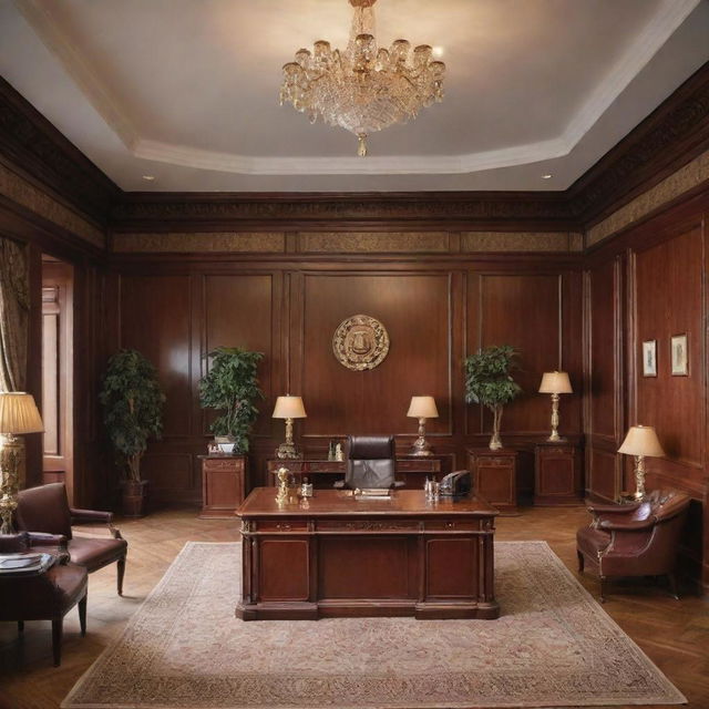 An opulent law office with various rooms bustling with working people. The word 'AMAN' is prominently displayed on a wall. Elements of luxury such as mahogany desks, leather chairs, and elegant bookshelves.
