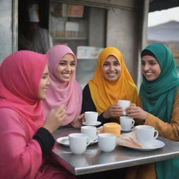 Muslim women, gracefully donned in colourful hijabs, sharing a jovial conversation at a warm, inviting tea stall with steaming cups of tea before them.