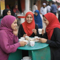 Muslim women, gracefully donned in colourful hijabs, sharing a jovial conversation at a warm, inviting tea stall with steaming cups of tea before them.