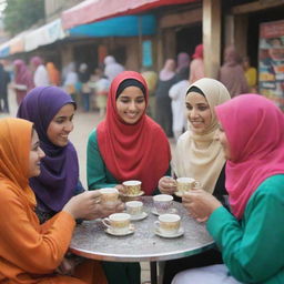 Muslim women, gracefully donned in colourful hijabs, sharing a jovial conversation at a warm, inviting tea stall with steaming cups of tea before them.