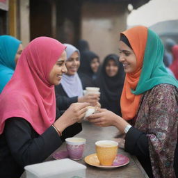 Muslim women, gracefully donned in colourful hijabs, sharing a jovial conversation at a warm, inviting tea stall with steaming cups of tea before them.