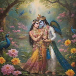 A serene and colorful depiction of Lord Krishna and Radha in a lush, mystical Vrindavan garden laden with flowers, peacocks, and the divine aura of their divine love