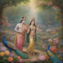 A serene and colorful depiction of Lord Krishna and Radha in a lush, mystical Vrindavan garden laden with flowers, peacocks, and the divine aura of their divine love