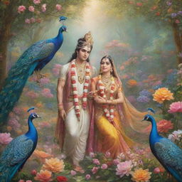 A serene and colorful depiction of Lord Krishna and Radha in a lush, mystical Vrindavan garden laden with flowers, peacocks, and the divine aura of their divine love