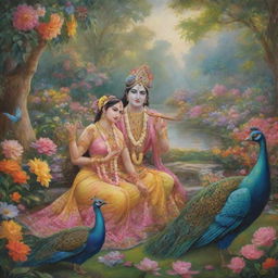 A serene and colorful depiction of Lord Krishna and Radha in a lush, mystical Vrindavan garden laden with flowers, peacocks, and the divine aura of their divine love