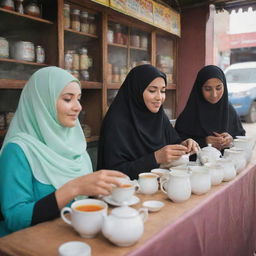 Muslim women, elegantly adorned in hijabs and niqabs, enjoying a peaceful moment at a vibrant tea stall accompanied by the comforting aroma of freshly brewed tea.