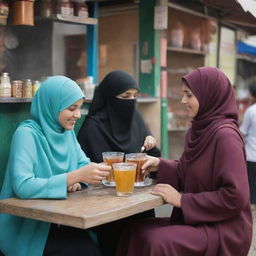 Muslim women, elegantly adorned in hijabs and niqabs, enjoying a peaceful moment at a vibrant tea stall accompanied by the comforting aroma of freshly brewed tea.