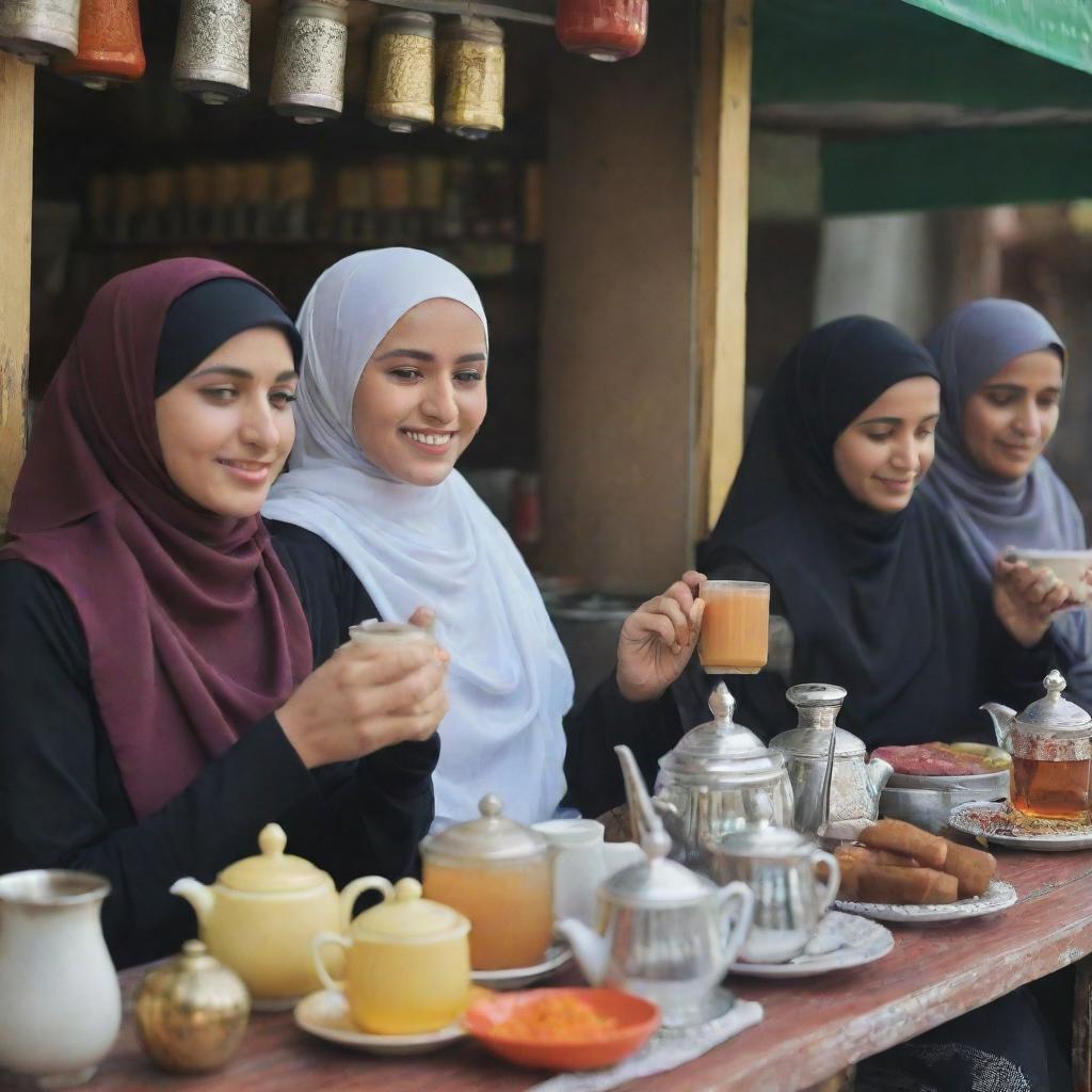 Muslim women, elegantly adorned in hijabs and niqabs, enjoying a peaceful moment at a vibrant tea stall accompanied by the comforting aroma of freshly brewed tea.