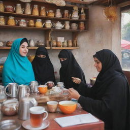 Muslim women, elegantly adorned in hijabs and niqabs, enjoying a peaceful moment at a vibrant tea stall accompanied by the comforting aroma of freshly brewed tea.