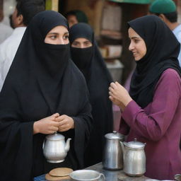 Muslim women, draped in niqabs, engaged in lively exchanges at a bustling tea stall. The scene pulsates with life as the aroma of brewing tea mingles with the ambient chatters.