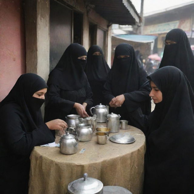 Muslim women, draped in niqabs, engaged in lively exchanges at a bustling tea stall. The scene pulsates with life as the aroma of brewing tea mingles with the ambient chatters.