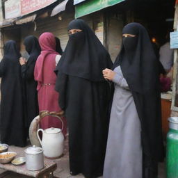 Muslim women, draped in niqabs, engaged in lively exchanges at a bustling tea stall. The scene pulsates with life as the aroma of brewing tea mingles with the ambient chatters.